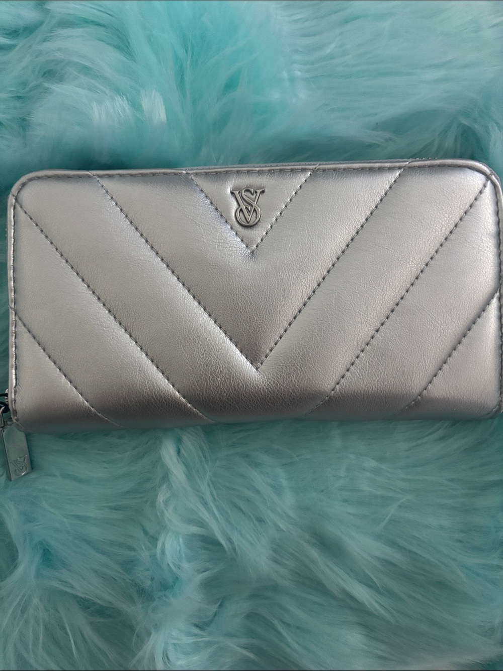Victoria's Secret Metallic Silver Quilted Zip-Around Wallet